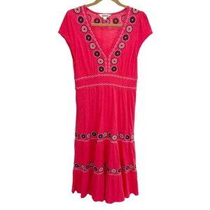 Boden Elara Embroidered Jersey Midi Dress Tiered V-neck Boho Pockets - Size 8